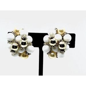 Vintage 1940s White With Gold Beaded Cluster Earrings Clip Ons